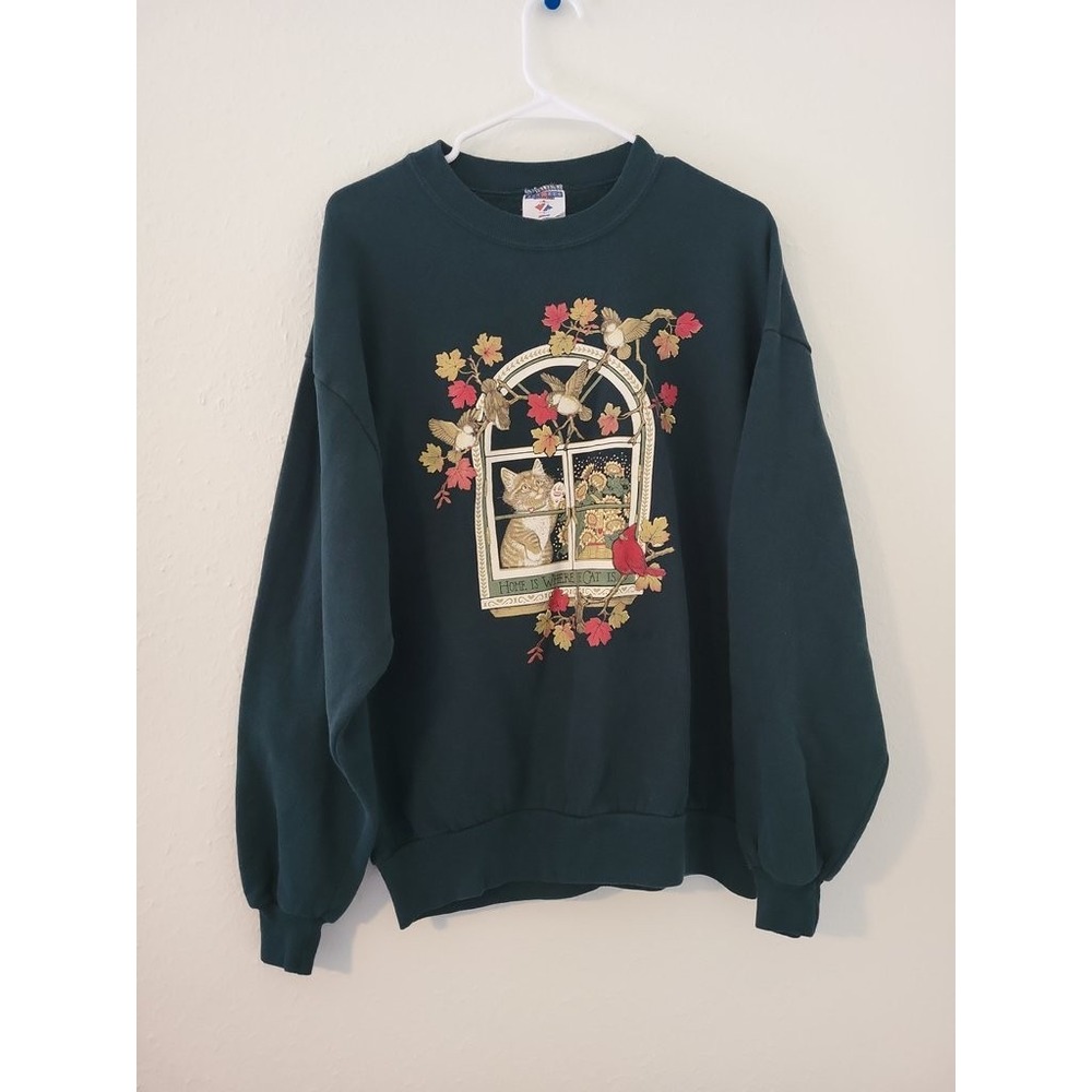 Vintage Jerzees Cat and Bird Graphic Sweatshirt‎